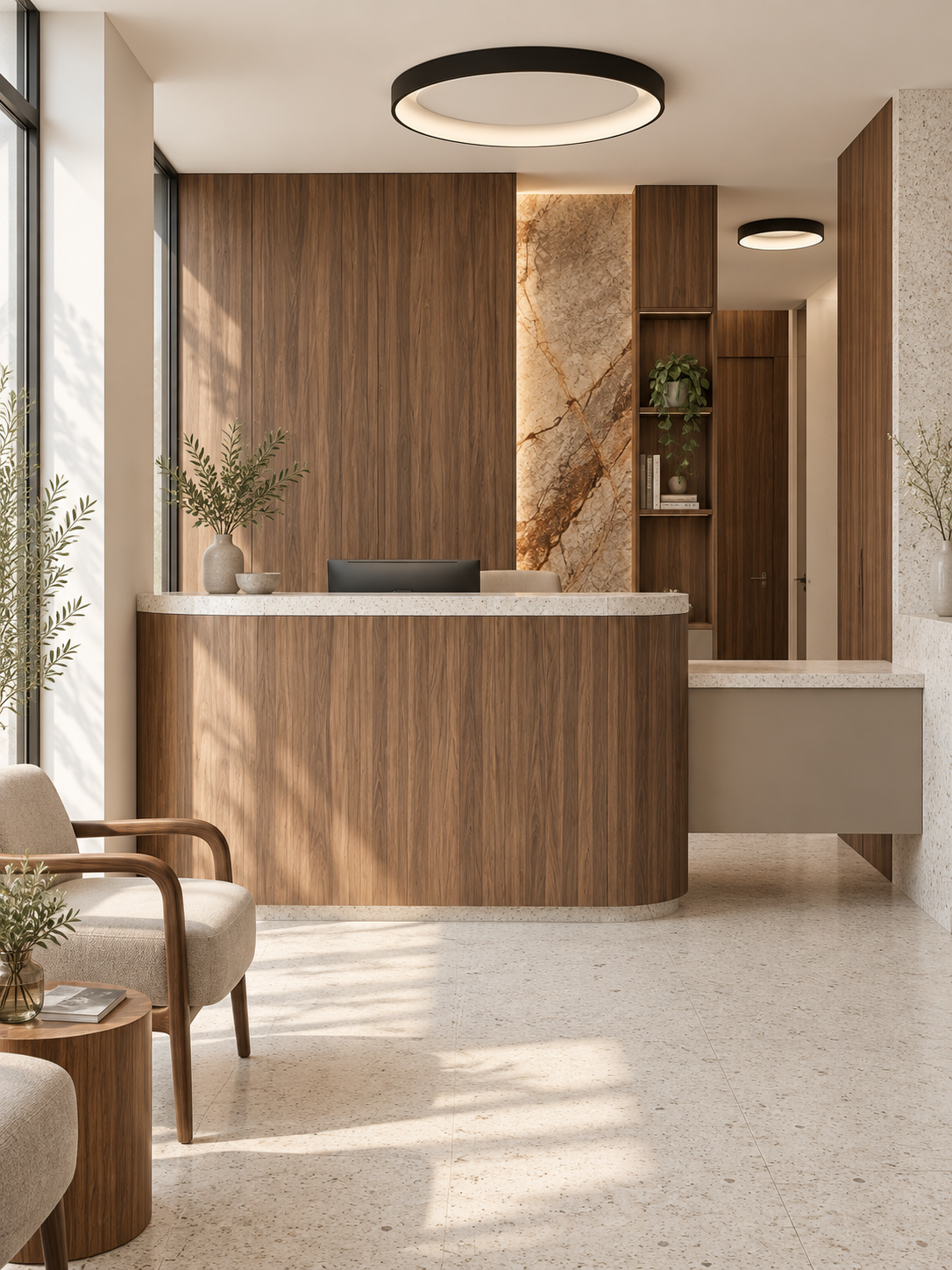 Illustration d’un accueil lumineux en bois et pierre claire